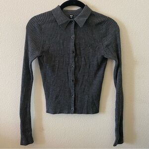 UNIQLO Women’s 100% Merino Wool Ribbed Polo Cardigan in Gray - XS